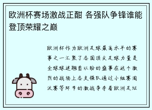 欧洲杯赛场激战正酣 各强队争锋谁能登顶荣耀之巅 欧洲杯赛场激战正酣 各强队争锋谁能登顶荣耀之巅