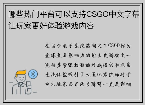 哪些热门平台可以支持CSGO中文字幕让玩家更好体验游戏内容 哪些热门平台可以支持CSGO中文字幕让玩家更好体验游戏内容