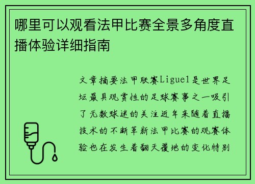哪里可以观看法甲比赛全景多角度直播体验详细指南 哪里可以观看法甲比赛全景多角度直播体验详细指南